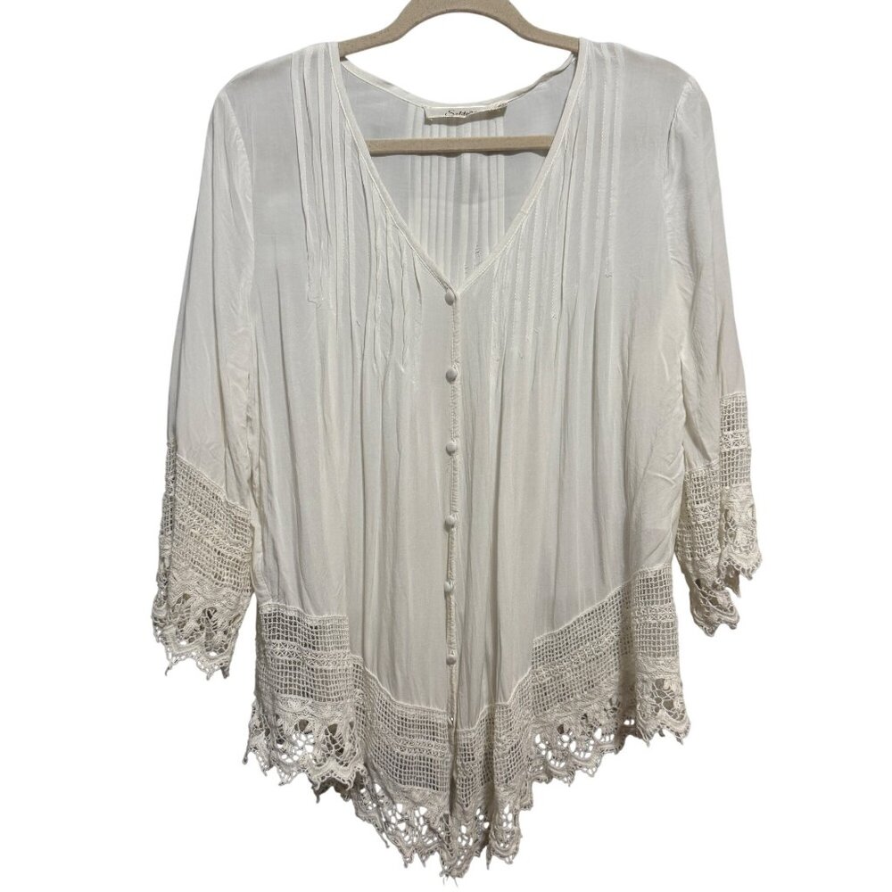 Vintage Solitaire Womens Ivory Lace Trim Blouse 1X Bohemian